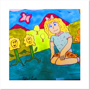 Little Girl and Her Flower Friends Posters and Art